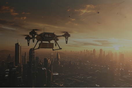 Autonomous Drone Navigates Smart City Skyline at Sunset Autonomous delivery drone flying over a futuristic smart city at sunset, showcasing advanced urban drone logistics