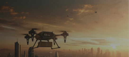 Autonomous Drone Navigates Smart City Airspace at Sunset Autonomous delivery drone flying over a futuristic smart city skyline during sunset