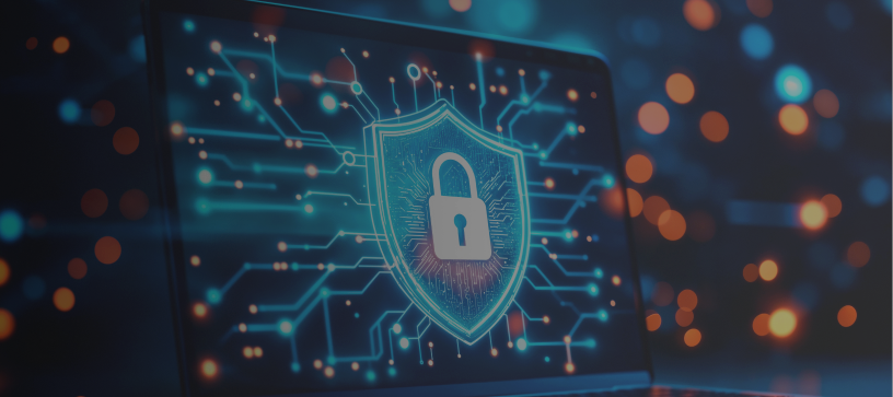 Network Security Displayed on Laptop with Digital Lock Shield Laptop screen showing a digital shield with a padlock, symbolizing network security and cybersecurity protection in a digital environment