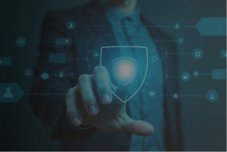 Cybersecurity Protection Interface Activated by Touch Business professional interacting with a virtual cybersecurity interface, pressing a glowing shield icon representing digital protection