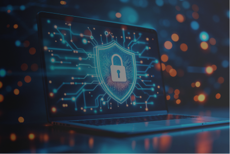 Digital Shield on Laptop Representing Cybersecurity and Data Protection Laptop screen displaying a glowing digital shield with a lock, symbolizing cybersecurity and data protection